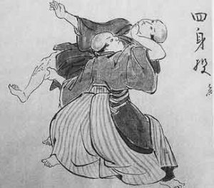 A historical Japanese painting odepciting ancient Edo warriors practicing the art of Judo.